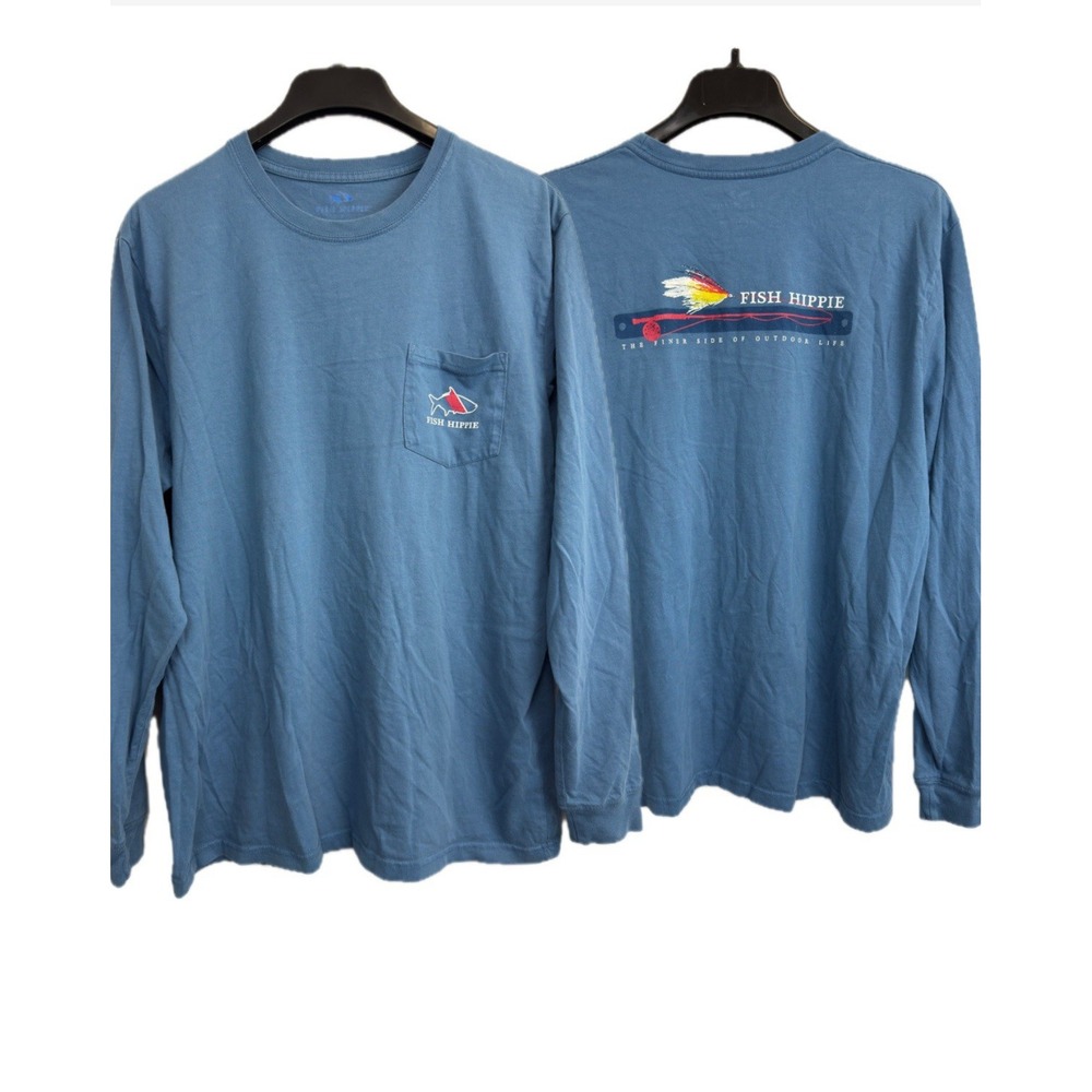 Fish Hippie Graphic T-Shirt Mens‎ L Blue Preppy Long Sleeve Tee Pocket Crewneck